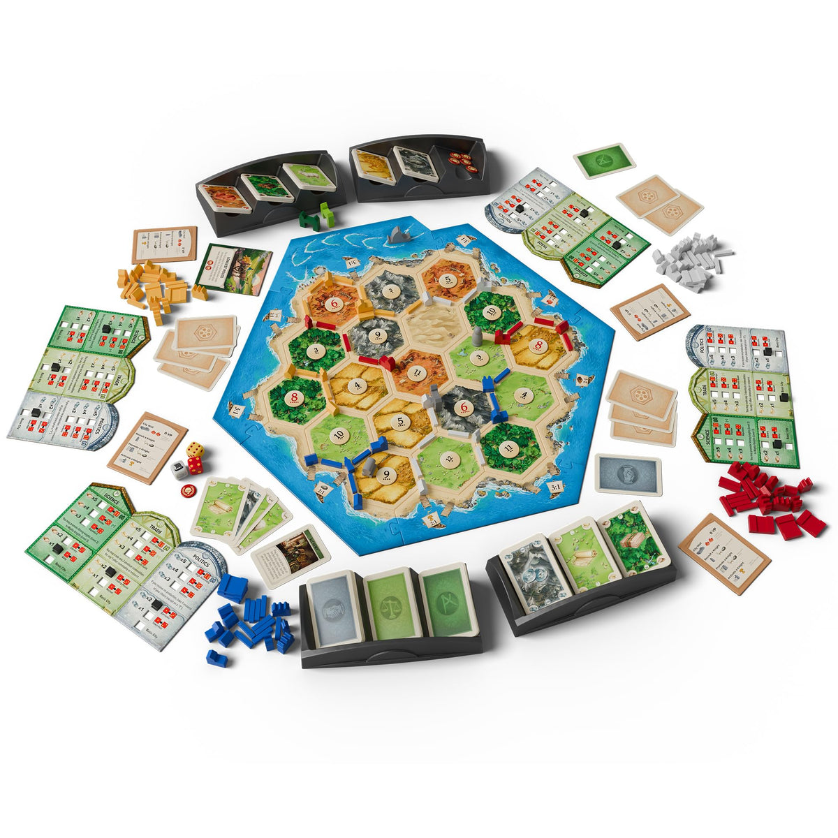CATAN expansion knight miniatures ready for setup and strategy planning.