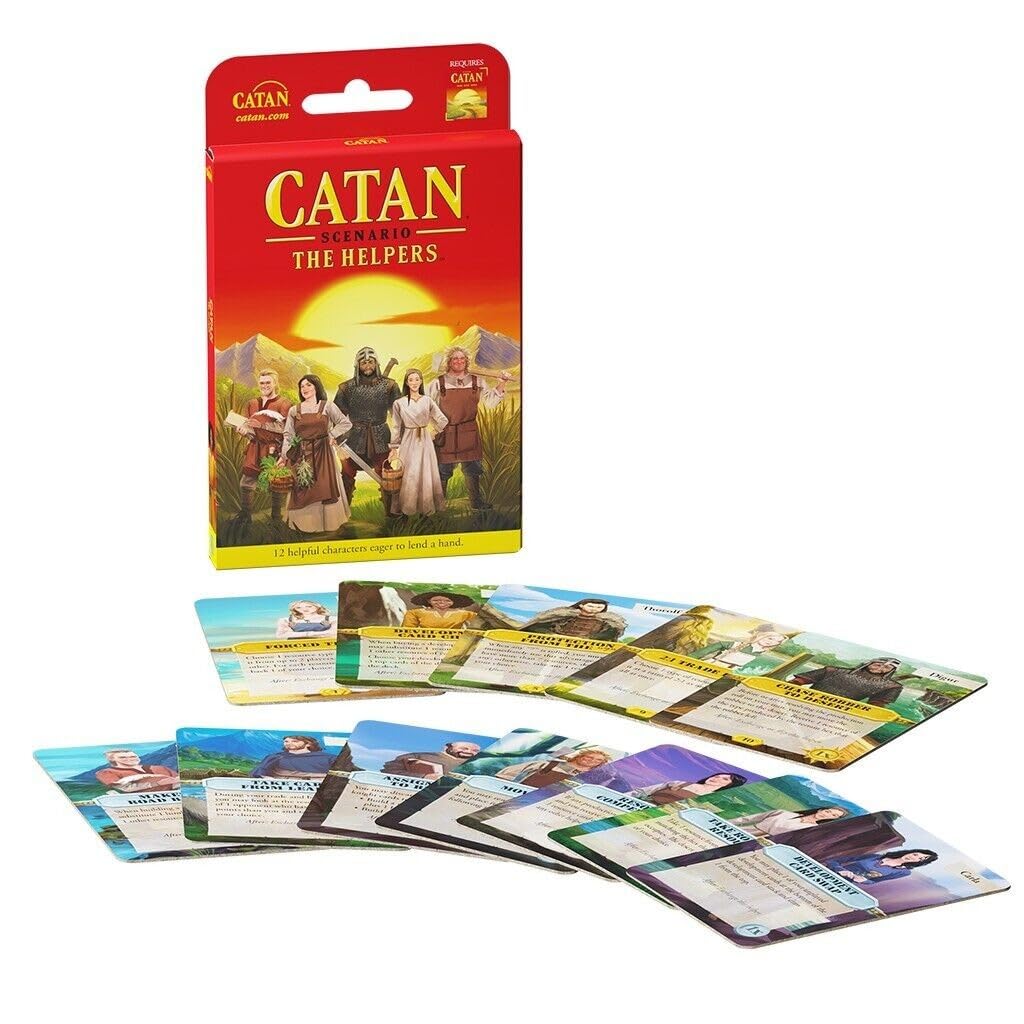 CATAN The Helpers ability powers shown on cards fueling strategic options.