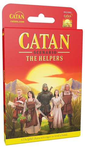 CATAN The Helpers expansion cover with vibrant art and inviting setup.
