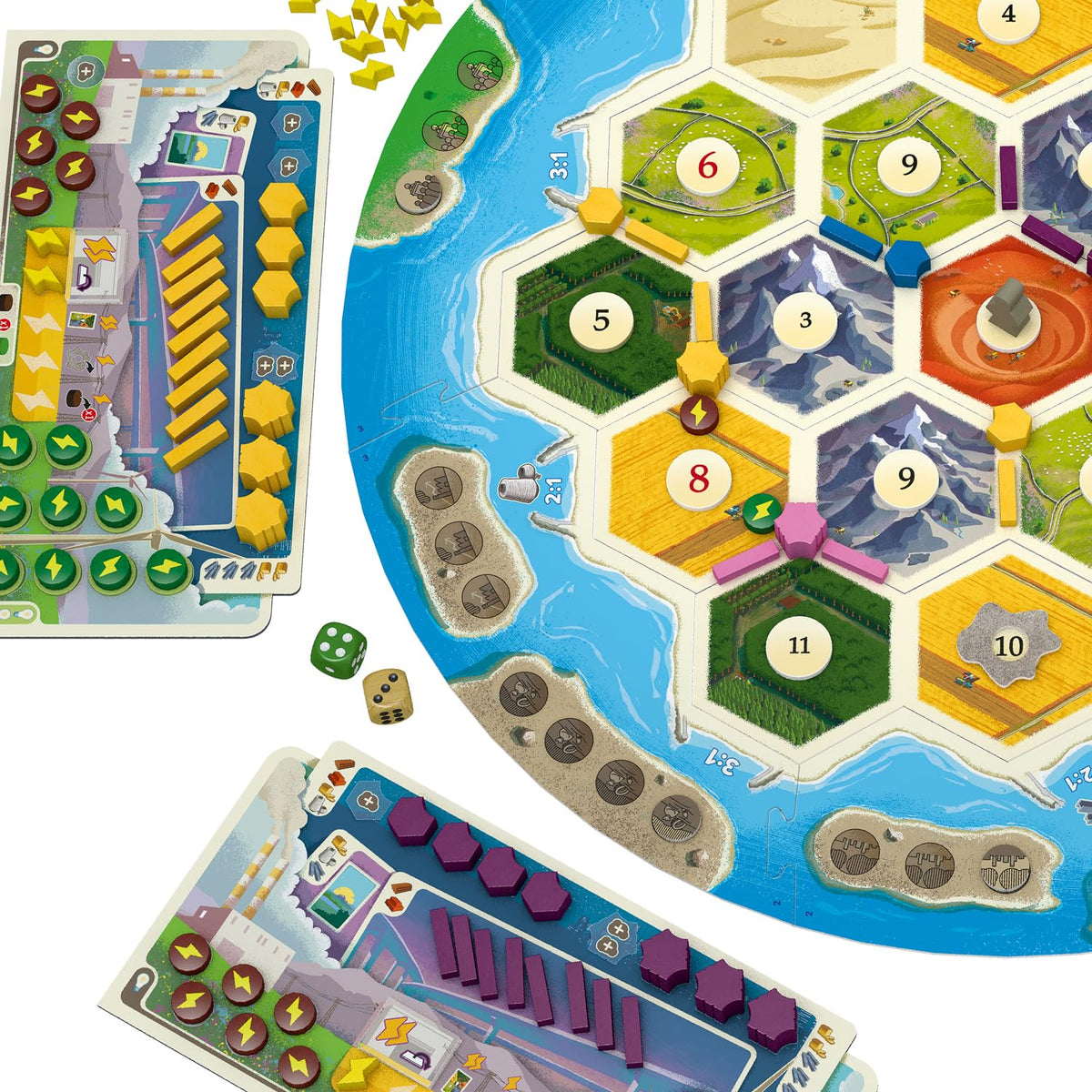 CATAN New Energies energy cards showing clean vs fossil choices for eco-conscious decisions.
