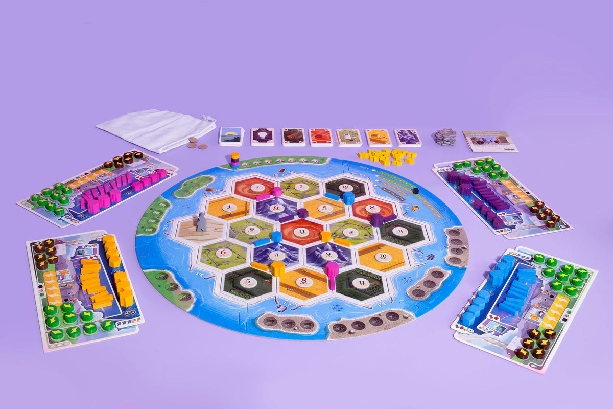 CATAN New Energies resource tokens highlight renewable options to boost strategic planning during play.