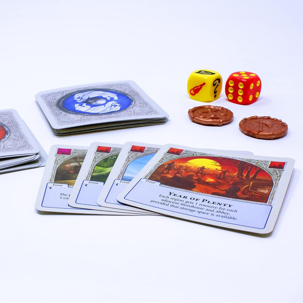 CATAN Rivals event die captured mid-roll adds tension.