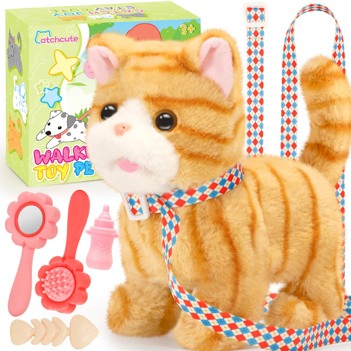 CatchCute plush cat walking action for outdoor play and imaginative fun.