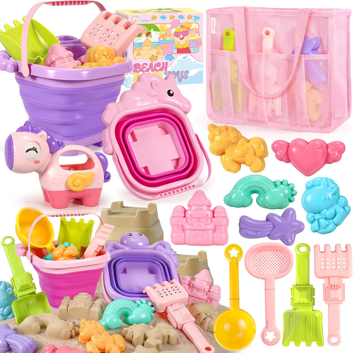 CatchCute unicorn collapsible buckets ready for beach play and easy packing.