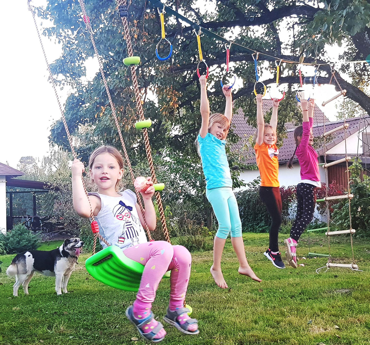 Cateam swing installs easily on trees or playground frames.