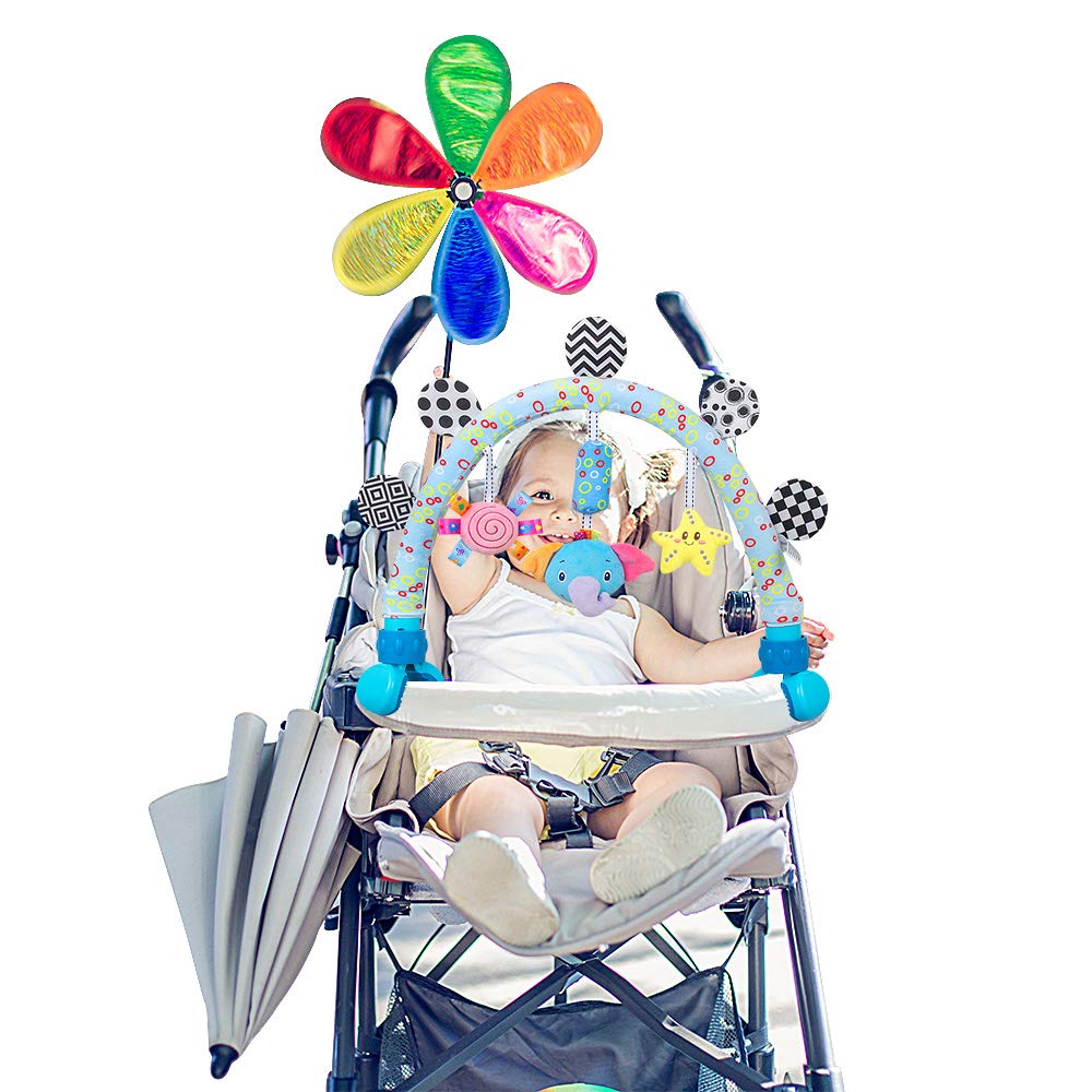 Caterbee clip-on stroller toy securely attaches to car seats and prams.