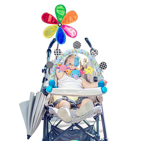 Caterbee clip-on stroller toy securely attaches to car seats and prams.
