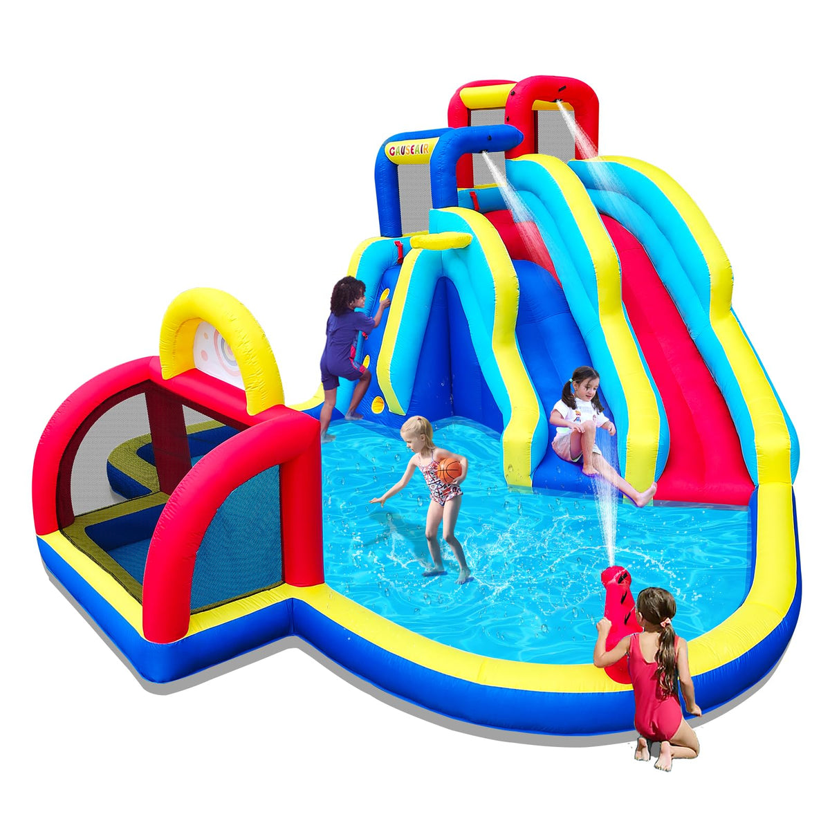 Causeair inflatable double water slide with soccer goal for outdoor party fun.