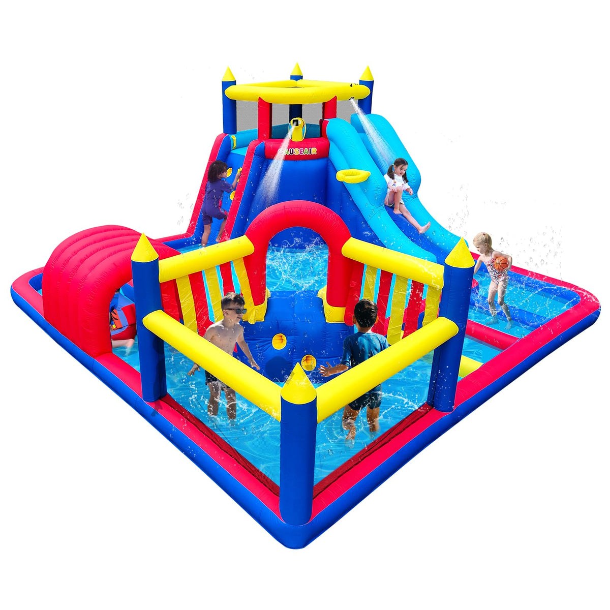 Causeair inflatable water slide park overview with big splash and family friendly fun