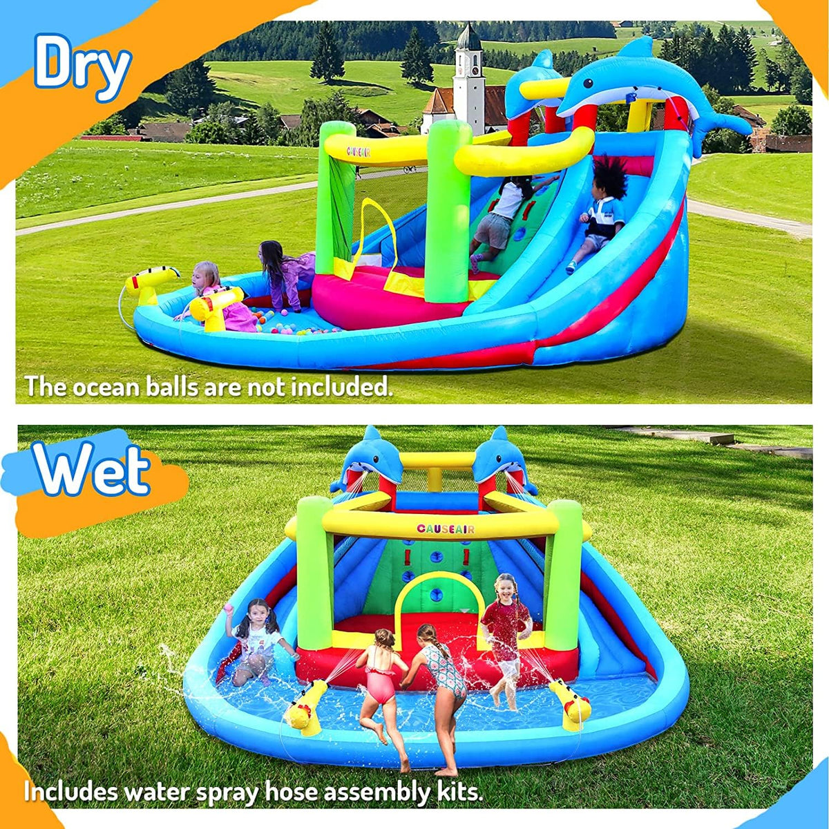 Causeair splash pool with water gun encourages interactive outdoor play.