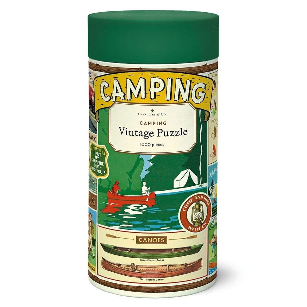 Cavallini & Co camping poster puzzle in tube packaging, ideal for gifting and storage.