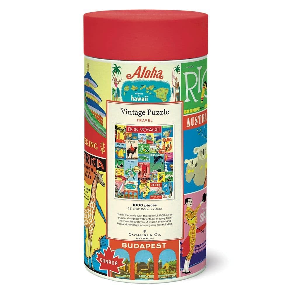 Cavallini & Co finished puzzle 20x28 inches displaying vintage travel art for cozy nights