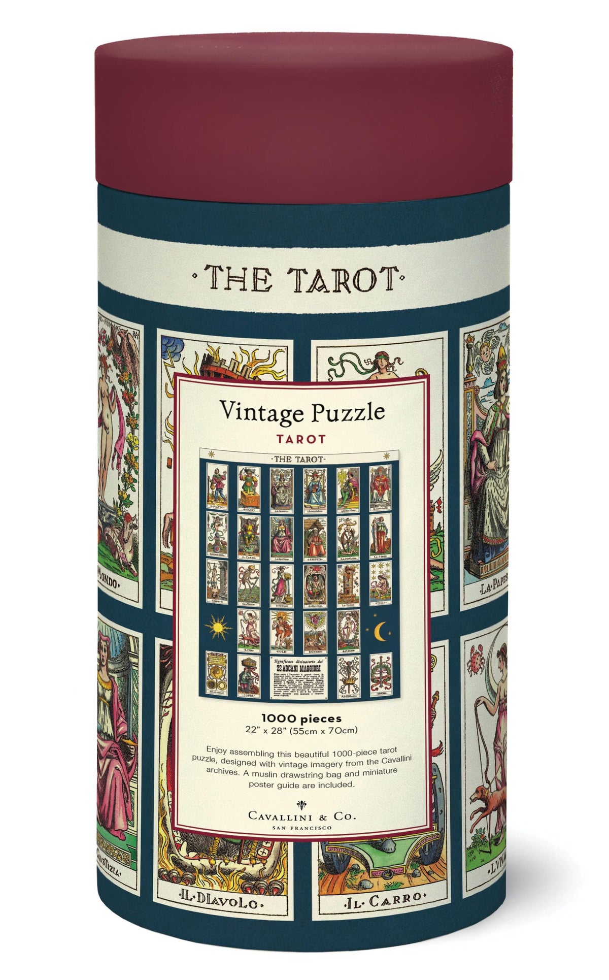 Tarot 1,000-piece puzzle pieces stored in Cavallini muslin bag for easy organization.