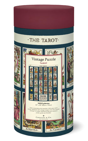 Tarot 1,000-piece puzzle pieces stored in Cavallini muslin bag for easy organization.