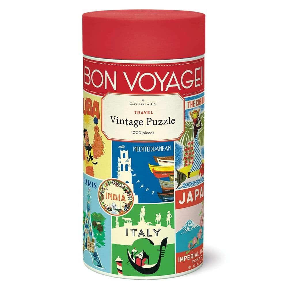 Cavallini & Co vintage travel puzzle cover featuring classic posters for mindful puzzle evenings