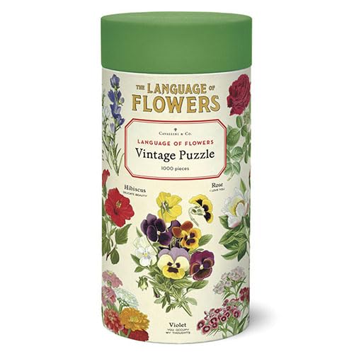 Cavallini Papers & Co language of flowers puzzle box art with vintage botanical imagery for a calming challenge.