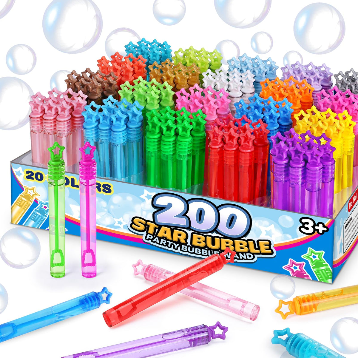 Cawiew 200-piece neon star bubble wands set in gift box for mess-free party favors.