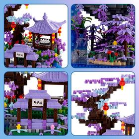 CAXIMSY Peach Blossom Pond waterfalls and peach trees create a serene scene.