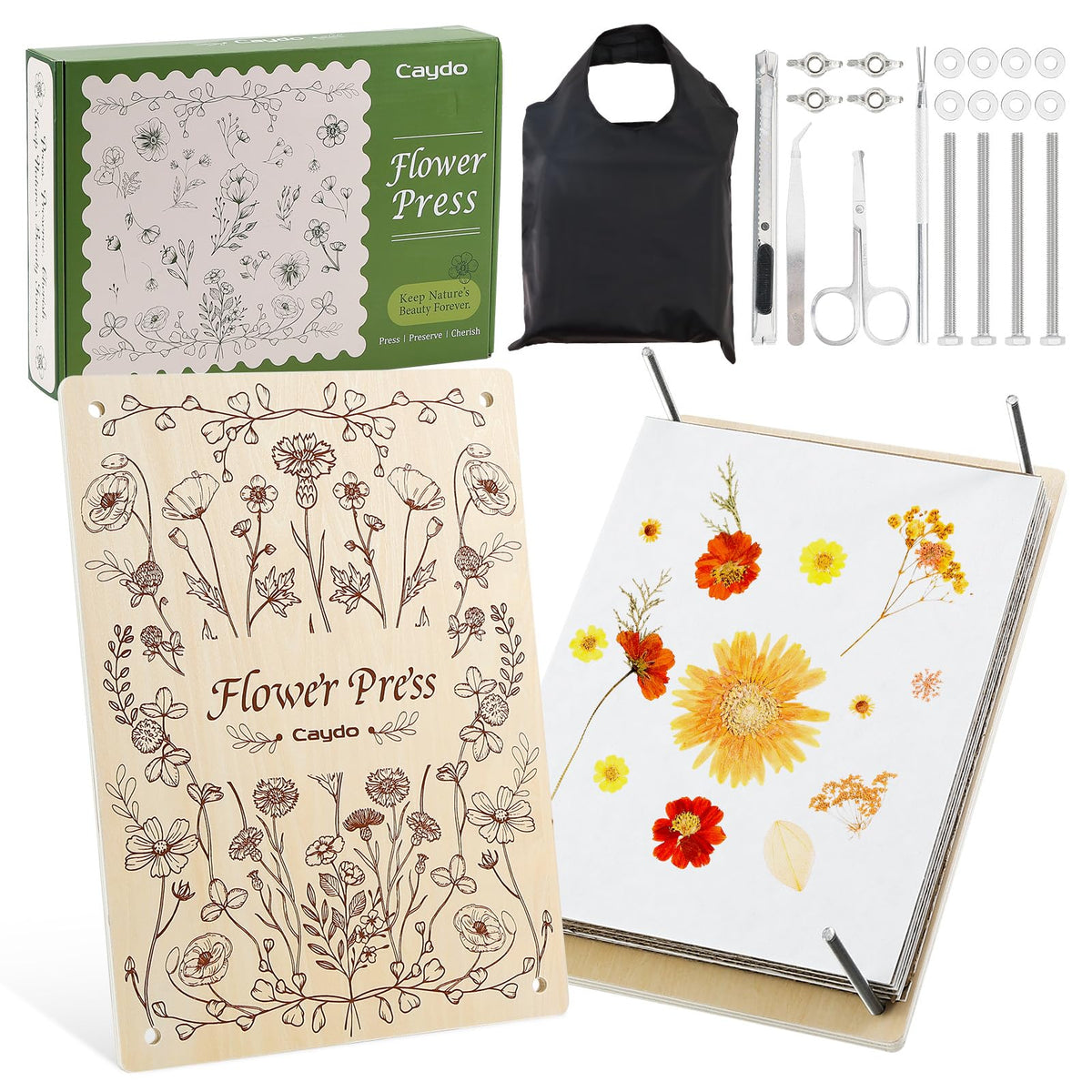 Caydo flower press kit large plate preserves oversized blooms for art projects