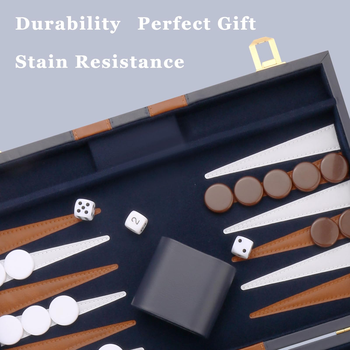 CAYOULR Backgammon pieces and leatherette points neatly arranged for play.