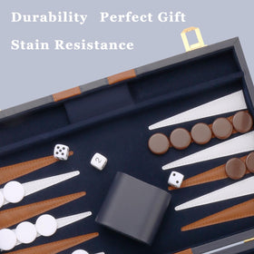 CAYOULR Backgammon pieces and leatherette points neatly arranged for play.