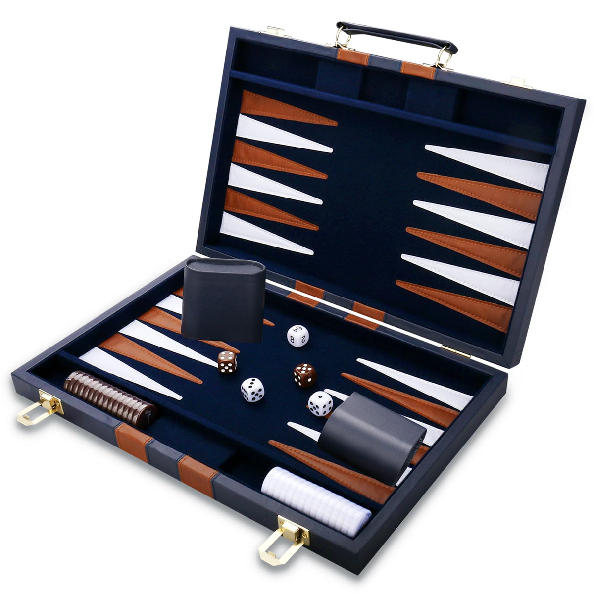 CAYOULR Backgammon set in navy leather case—closed for travel.