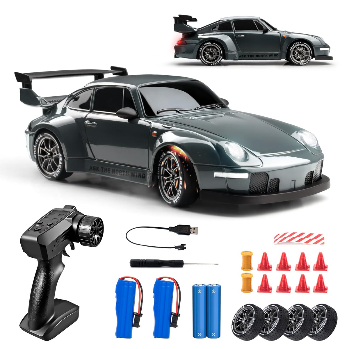 Cayrzeth RC Drift Car front view with LED lights for night driving.