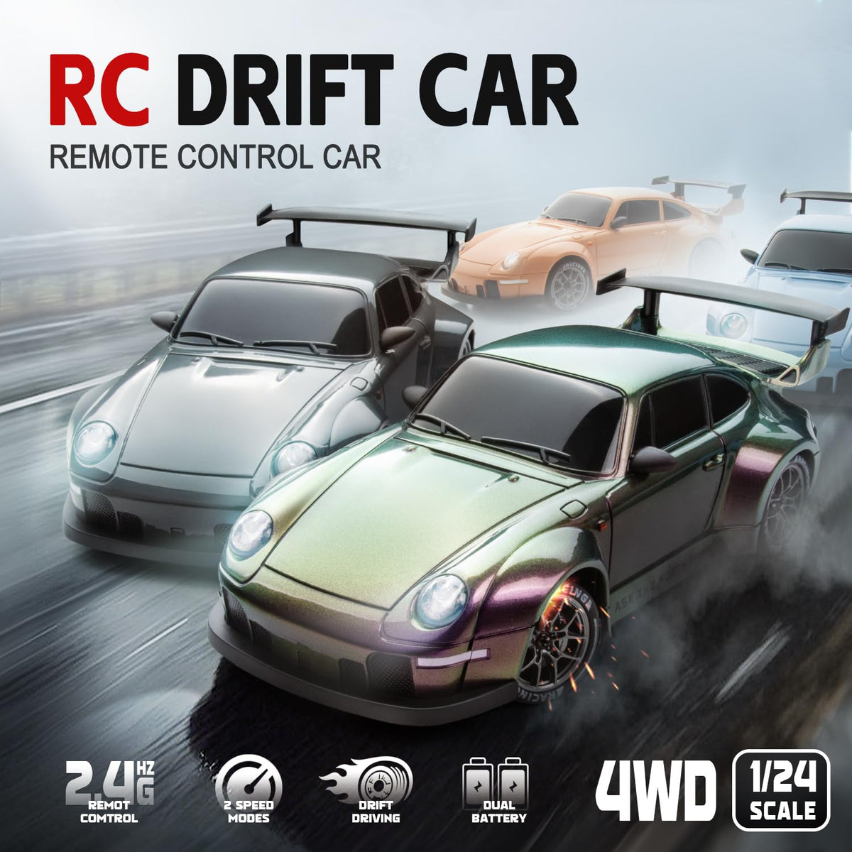 Cayrzeth RC Drift Car side view showing drift tires for smooth surfaces.