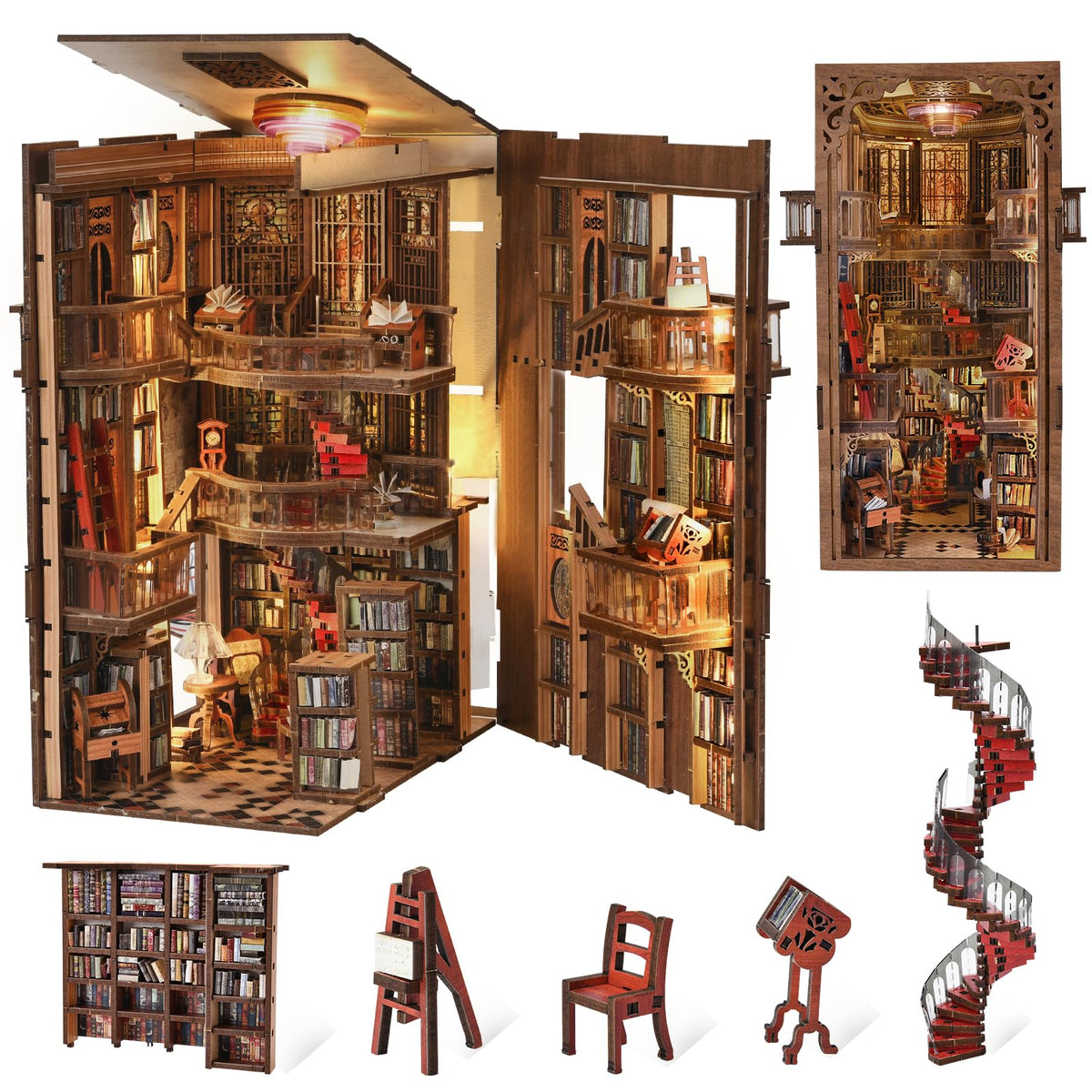 CCCDF Abbey Library Book Nook Kit on a desk creates a cozy library display.