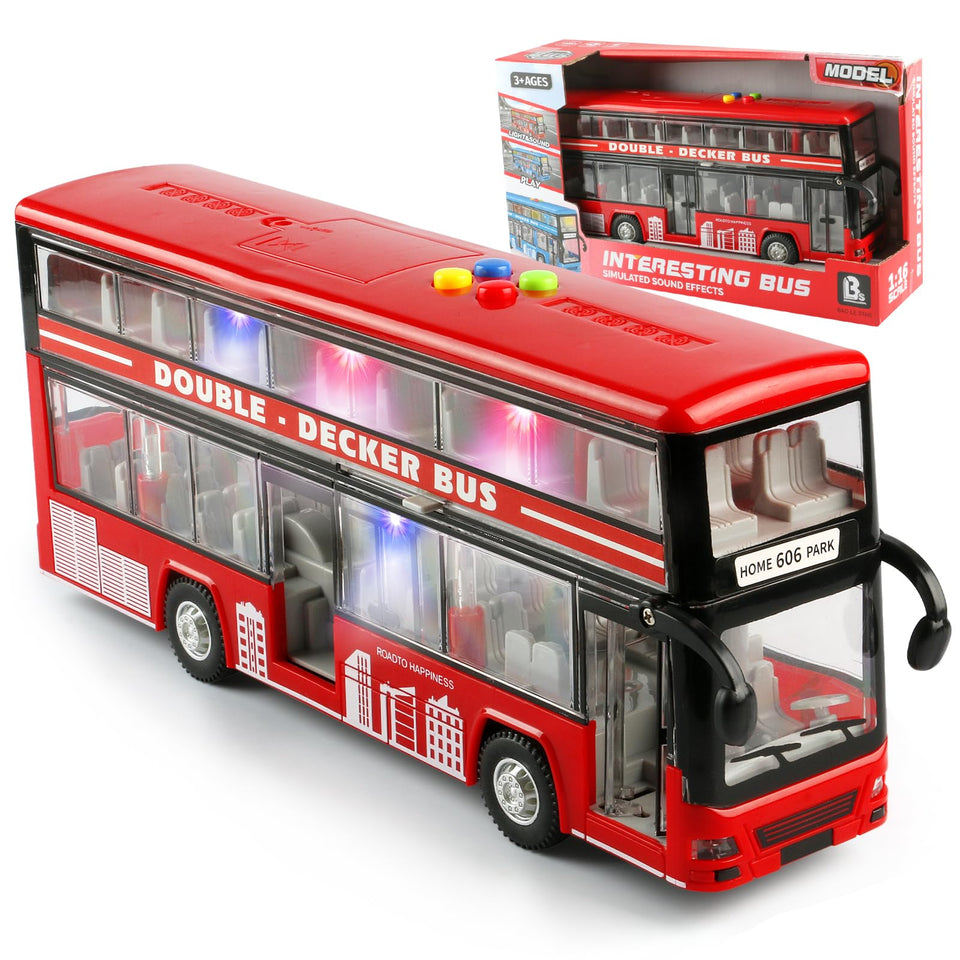Cd ymkf 11-inch double-decker bus with blue and red interior lights for imaginative play
