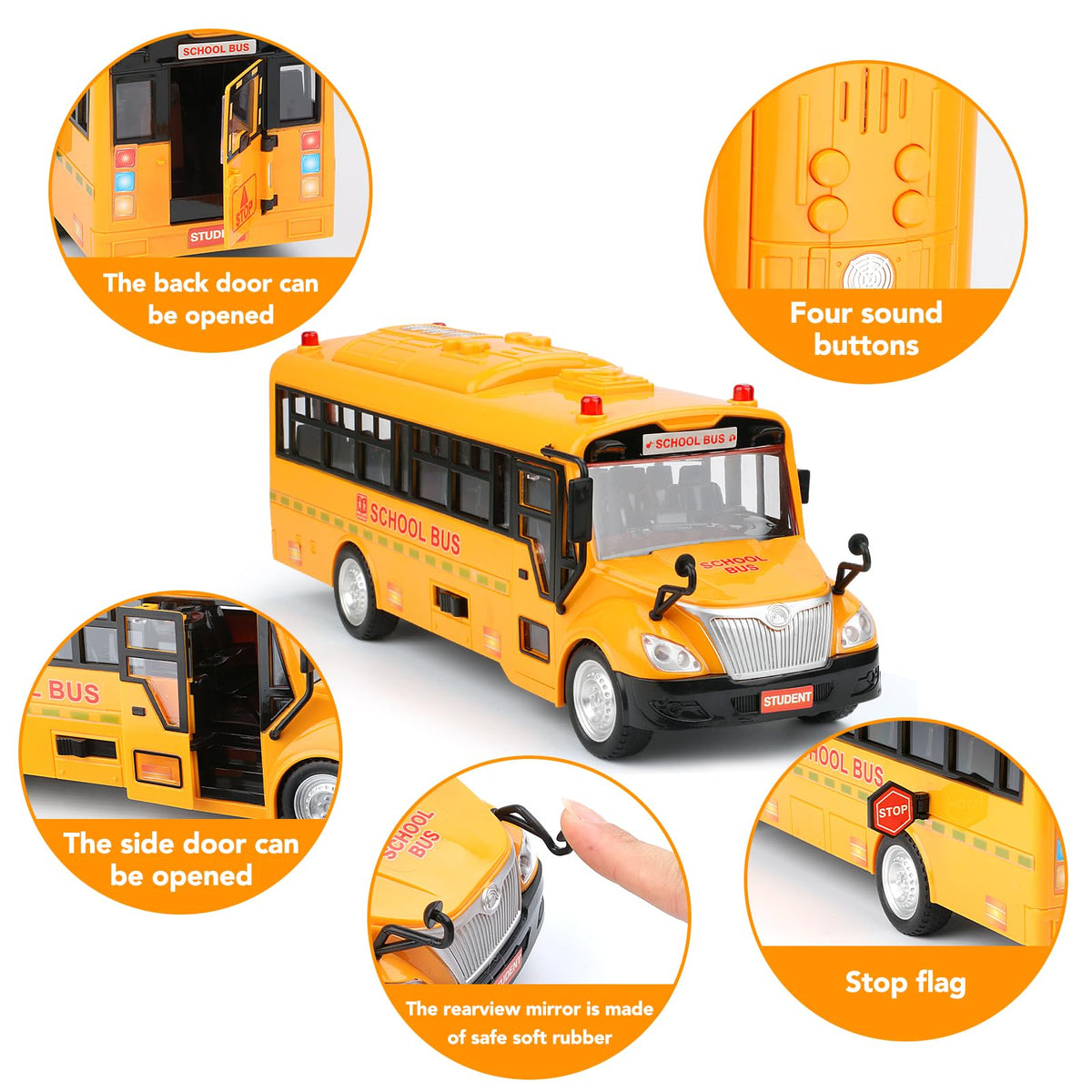 Cdymkf yellow school bus toy side view shows vibrant decals for realism.