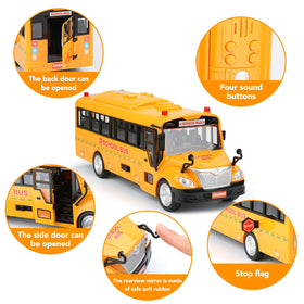 Cdymkf yellow school bus toy side view shows vibrant decals for realism.