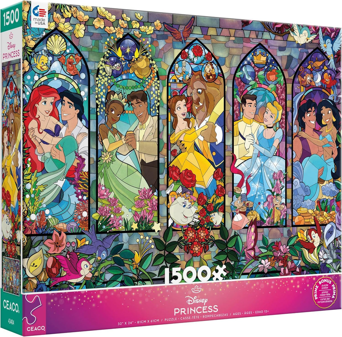 Ceaco Disney Princess Royal Windows puzzle cover with stained glass-inspired art for relaxing evenings.