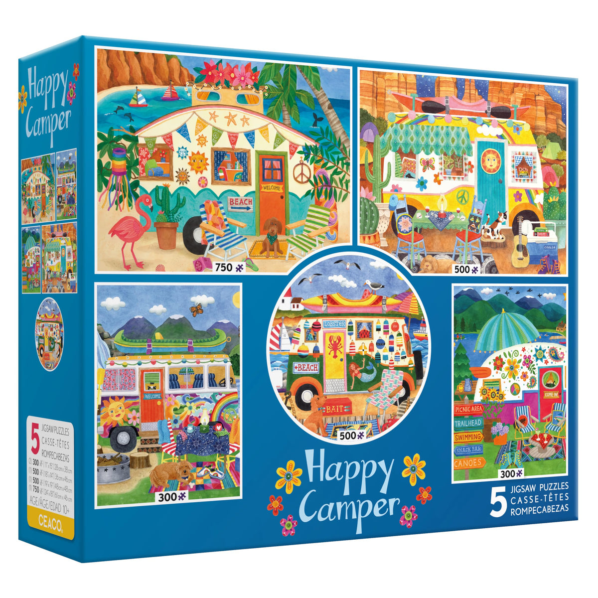 Ceaco Happy Camper 300-piece puzzle die-cut closeup showcases precise pieces.