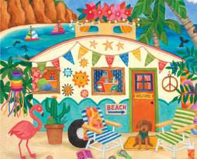 Ceaco Happy Camper 500-piece puzzle closeup highlights rich detail.
