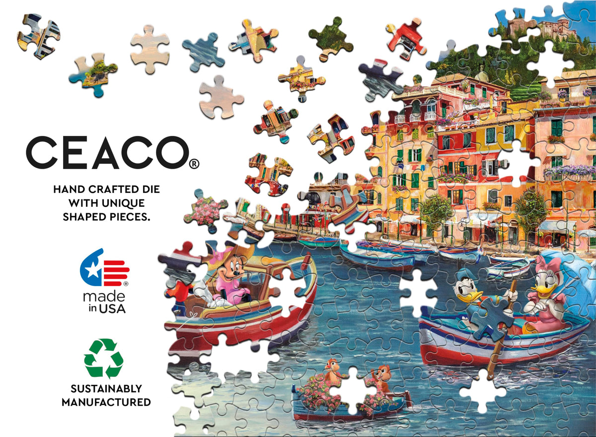 Ceaco Thomas Kinkade Mickey Minnie Italy puzzle close-up for careful, thoughtful assembly