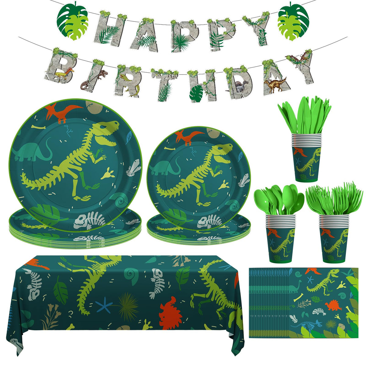 Cecnamt dinosaur banner displaying HAPPY BIRTHDAY for festive parties.