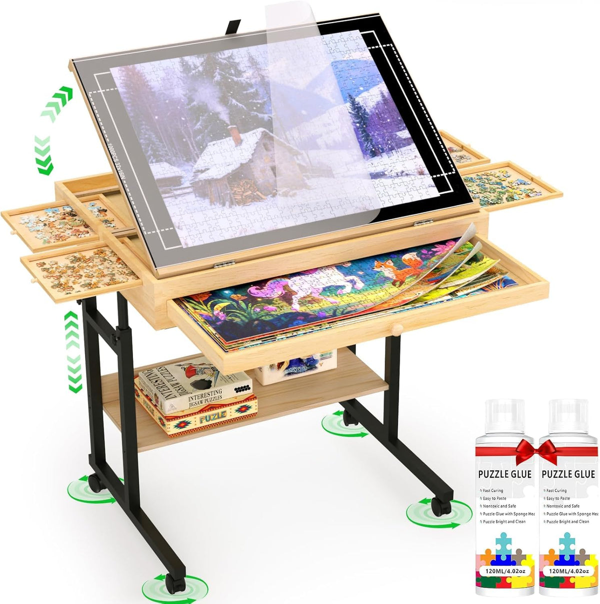 CEDARDVD Puzzle Table-M front view highlights a large tilting surface for 1000–1500 piece puzzles