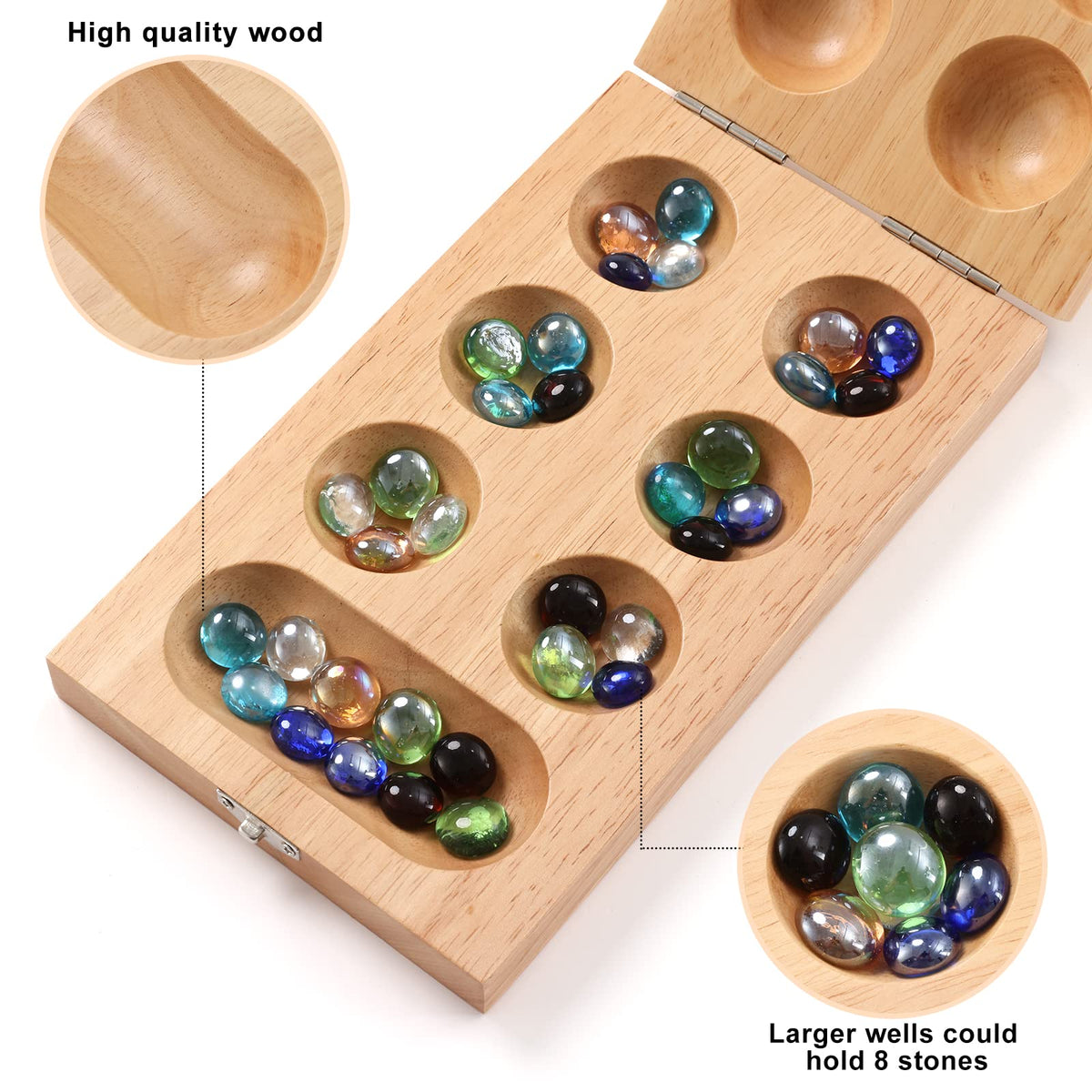 Ceebyfa Mancala lid and hinge keeps marbles secure during travel