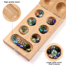 Ceebyfa Mancala lid and hinge keeps marbles secure during travel