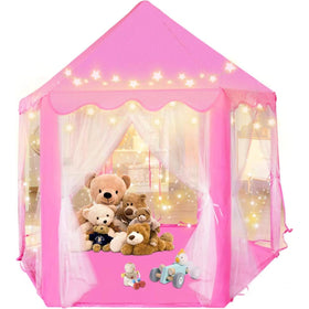 Ceither princess castle tent with star lights for imaginative play indoors.