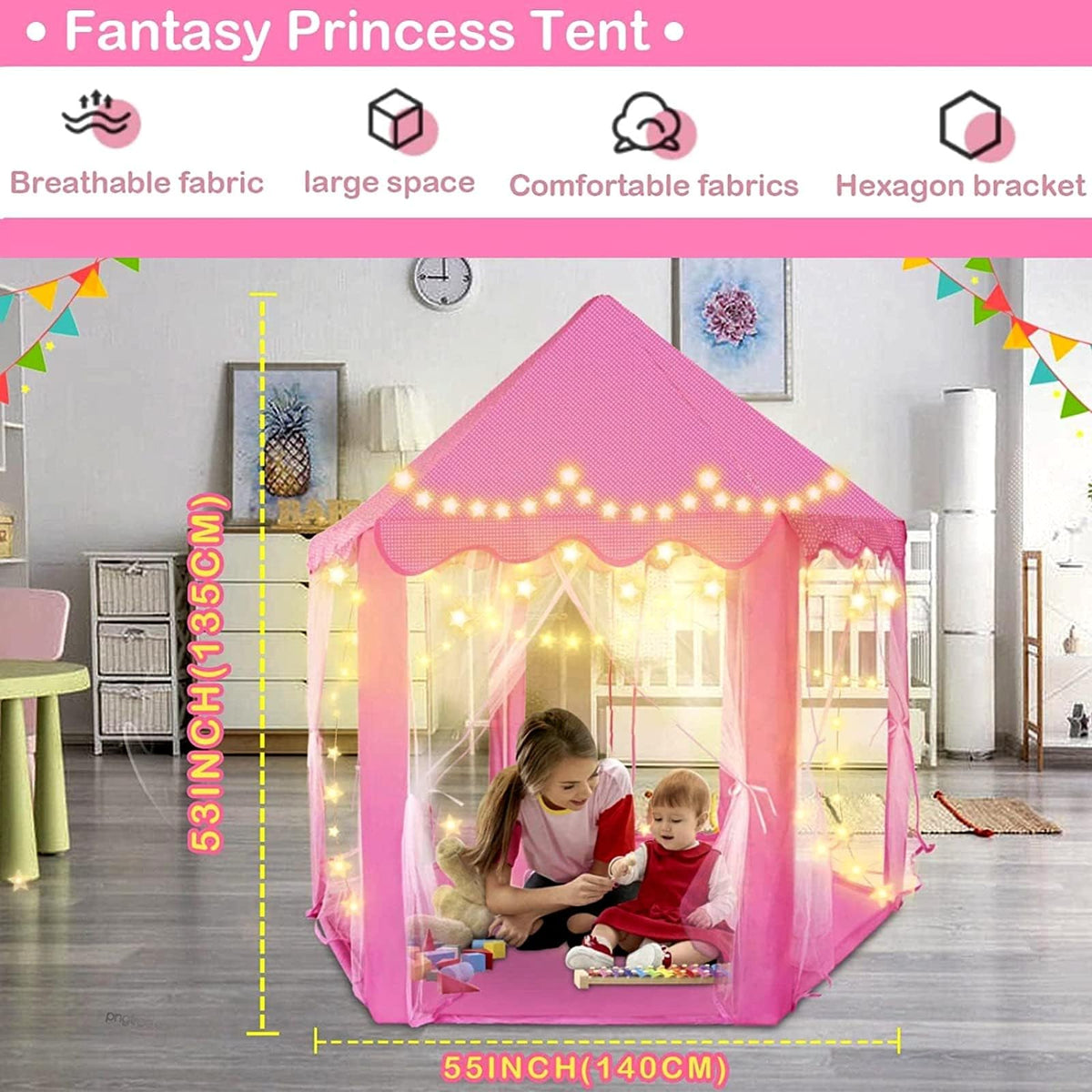 Ceither tent interior shows breathable elastic polyester for comfortable play.