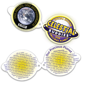Educational Earth facts tag on Celestial Buddies plush stimulates classroom discussion.