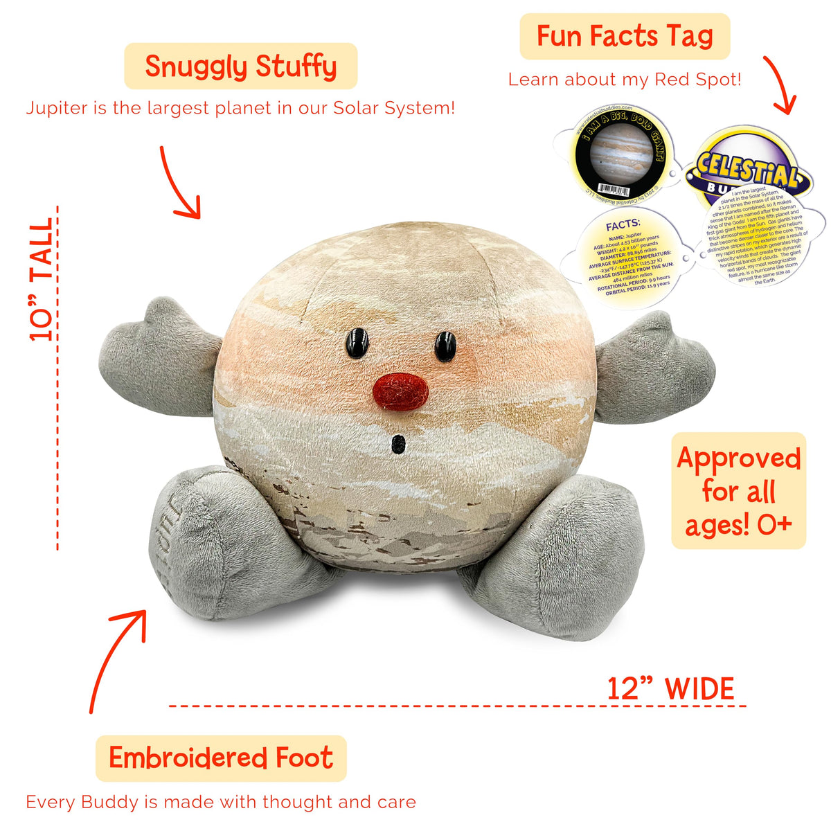 Celestial Buddies Jupiter Buddy features a red spot nose for playful detail.