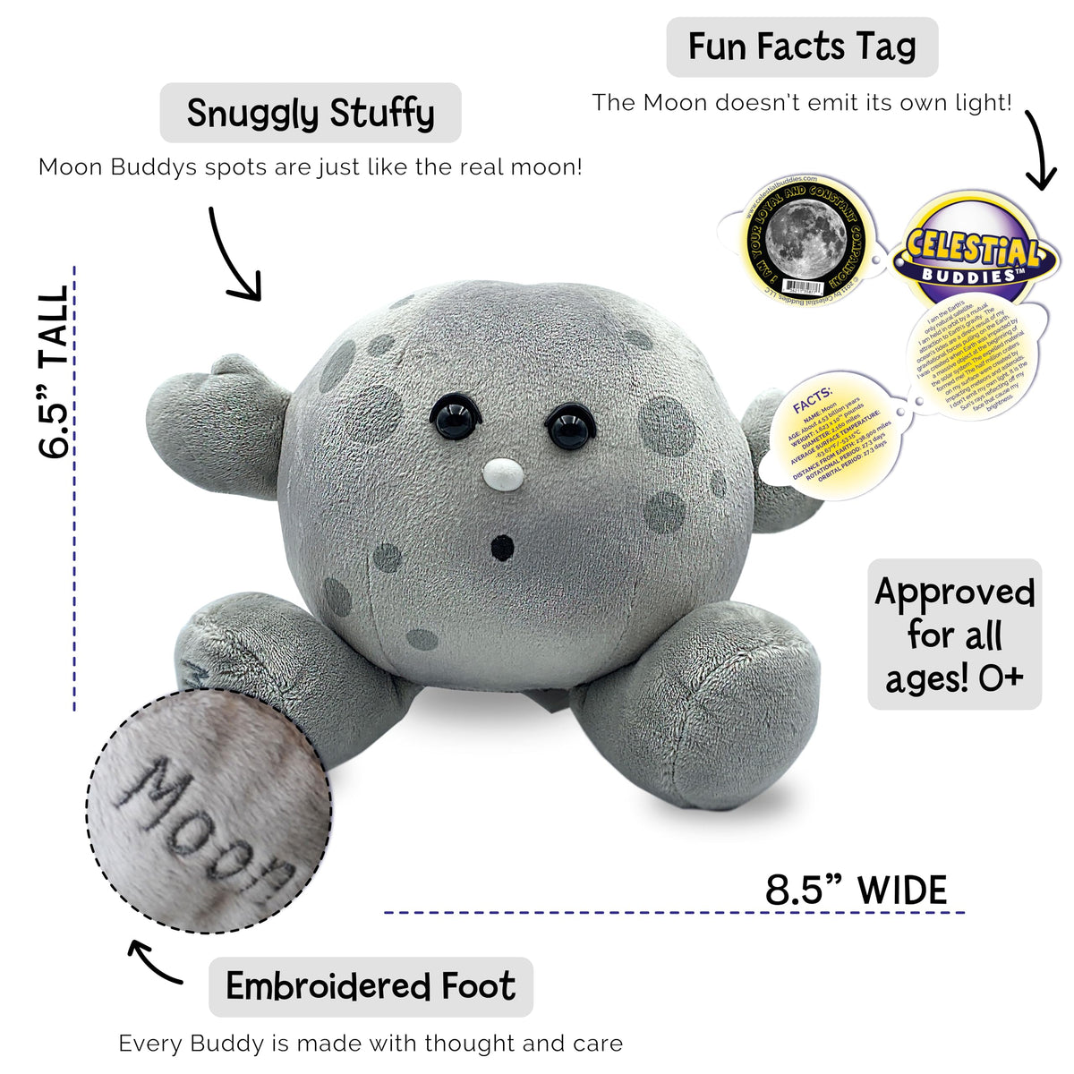 Celestial Buddies Moon Buddy embroidered-face charm for kid-friendly storytelling and bedtime glow.