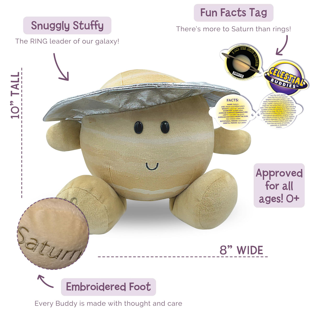 Saturn Buddy's embroidered features add lasting charm for kids.