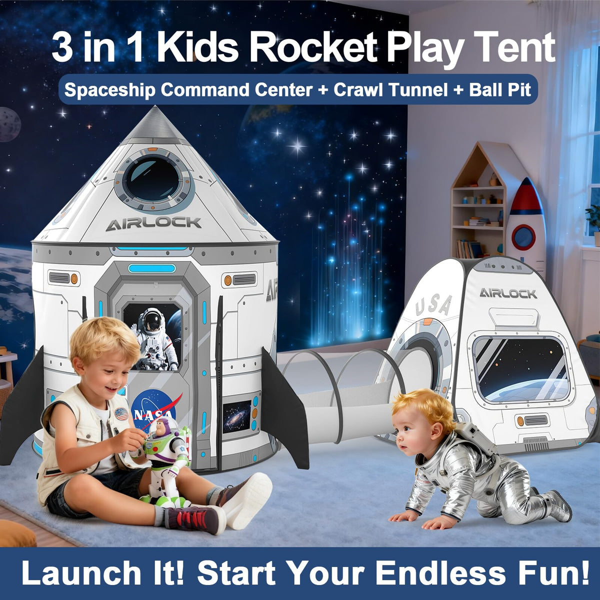 Celontry rocket tent interior play area invites kids to create stories and games.