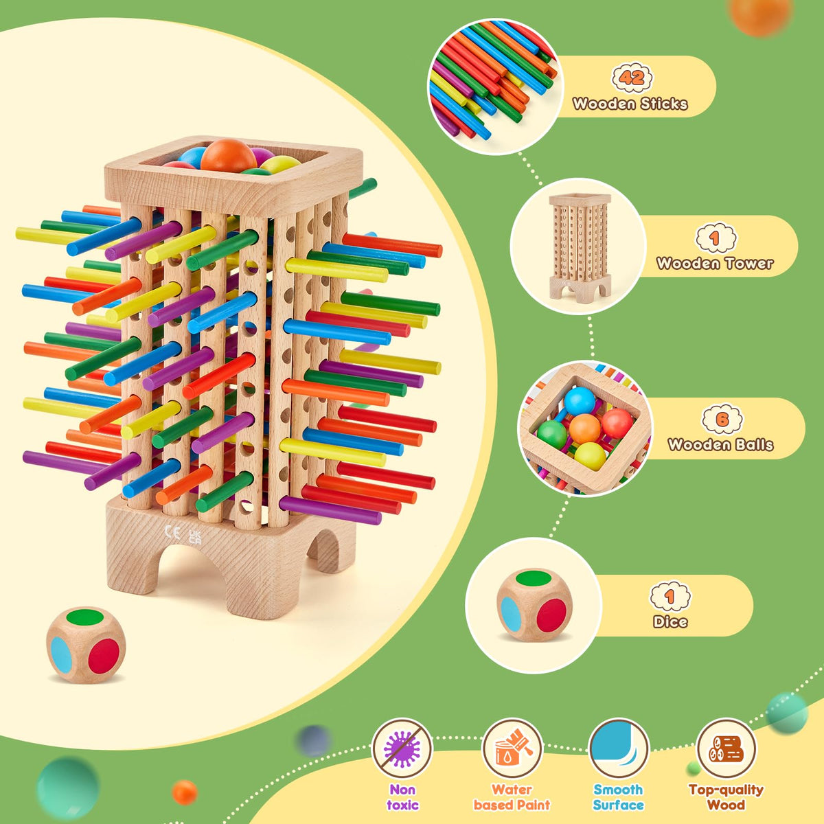 Dice and wooden balls invite strategic turns and timing