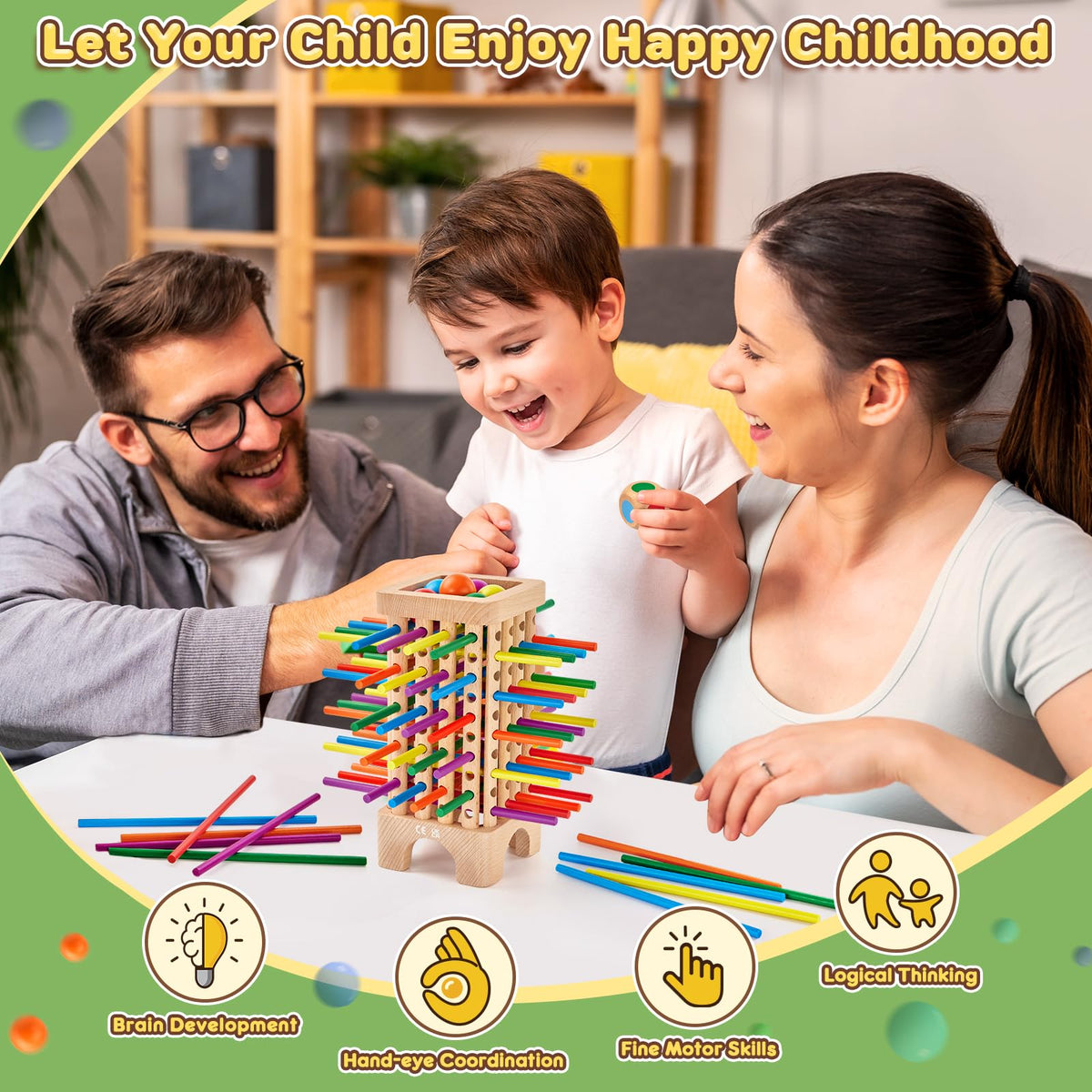 Hands place sticks carefully, building dexterity and hand-eye coordination
