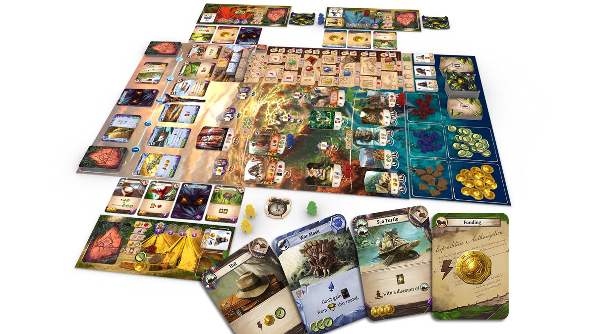 CGE Lost Ruins of Arnak resource base setup demonstrates steady resource flow during play.